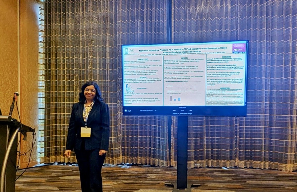 Can we predict who is likely to develop dyspnea after interscalene blocks? Presenting ⁦@UNC_Anesthesia⁩ research on association of preoperative Maximum Inspiratory Pressure #MIP and postoperative dyspnea. #ASRASPRING24 ⁦@galusweegie⁩