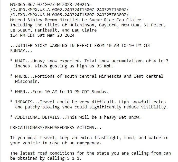 EauClaireOEM's tweet photo. Eau-Claire Alert:
A winter storm warning has been issued for #EauClaireCounty from 10 a.m.-10 p.m. on Sunday, March 24!
If you got a phone call from ECCEM with this alert &amp; used to get alerts from Rave, that is managed by the City of Eau Claire. ECCEM doesn't use this tool https://t.co/FdeY6pbV00
