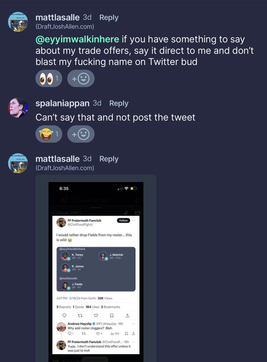 Public service announcement 
If you don’t want your name plastered on Twitter , don’t put your name as your Sleeper account … more importantly … don’t send bad offers 👀 😂