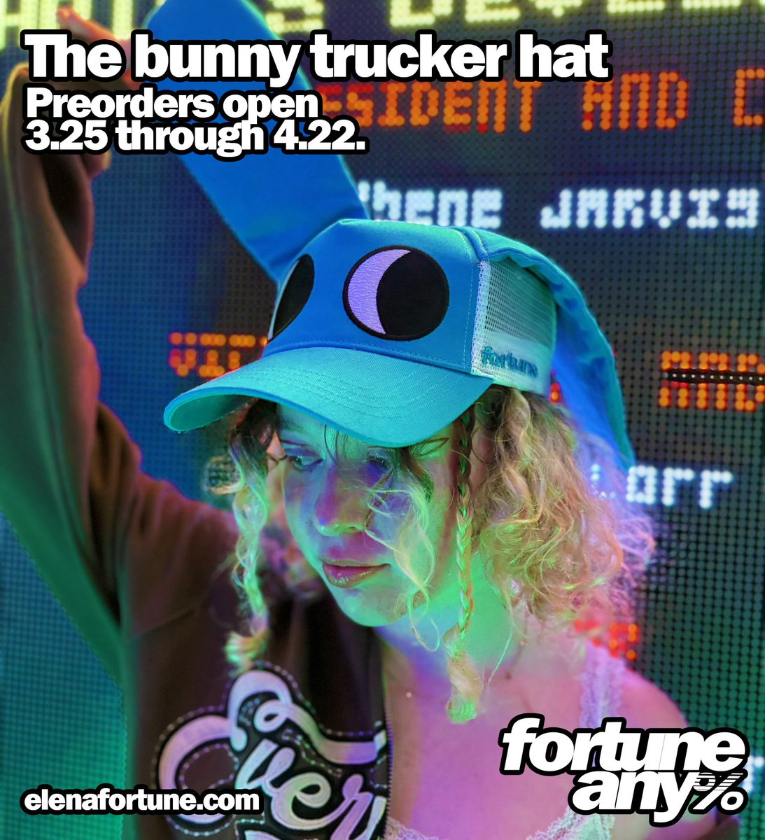 at last... THE BUNNY TRUCKER HAT is opening for preorders on monday!! available in black and blue, each with their own eye shape and ear style!! open thru 4/22, expected to ship early june. im very excited !! :D elenafortune.com