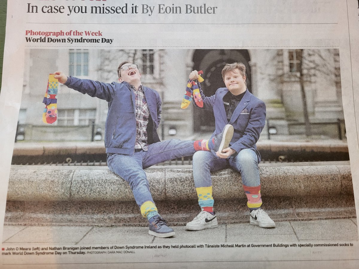 Great to see this picture of members John O'Meara and Nathan Branigan featured as the @IrishTimes's Photograph of the Week. Taken at our delegation's visit to Government Buildings for #WorldDownSyndromeDay2024.