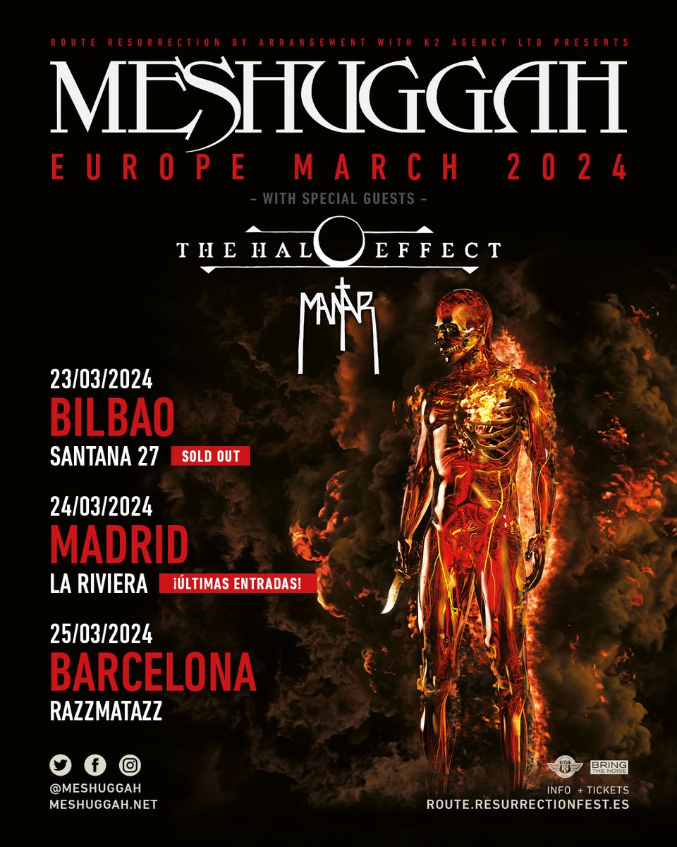 Spain! We are here 🔥 The Bilbao show tonight is sold out 🙏 Low ticket alert for the show in Madrid 🚨 Don't wait to get your tickets for the remaining concerts at: meshuggah.net/tour🤘 #meshuggah #tour #europe #spain @thehaloeffectse @MantarBand