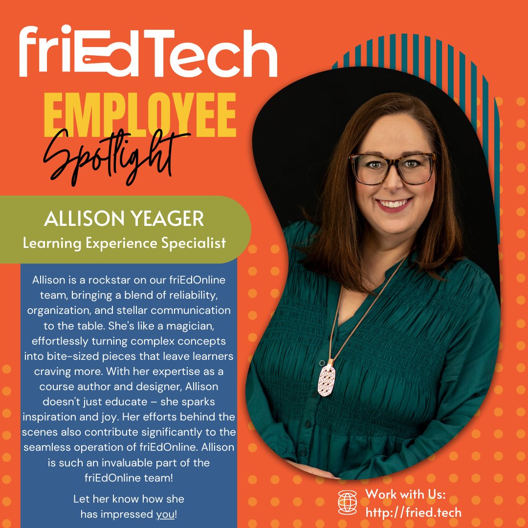 Allison is a rock star on our friEdOnline team, expertly designing learning experiences that are not only engaging but enjoyable. It takes real skill to harness learning magic so it translates to online learning, and she has it all figured out. Thank you Allison! #friedfan
