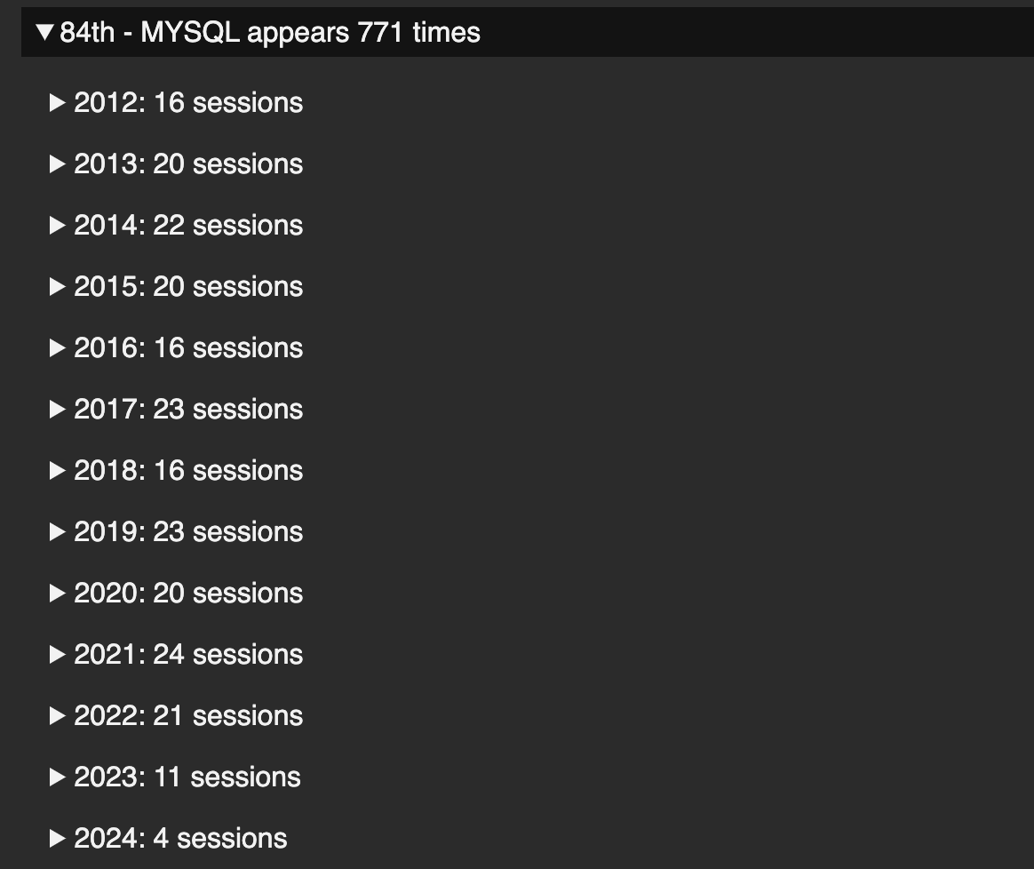 Looking at keywords from #FOSDEM schedules since 2012 and I might put this on a repo for other people to play with as well. Curious to see how certain topics evolve, like what happened to #mysql recently.