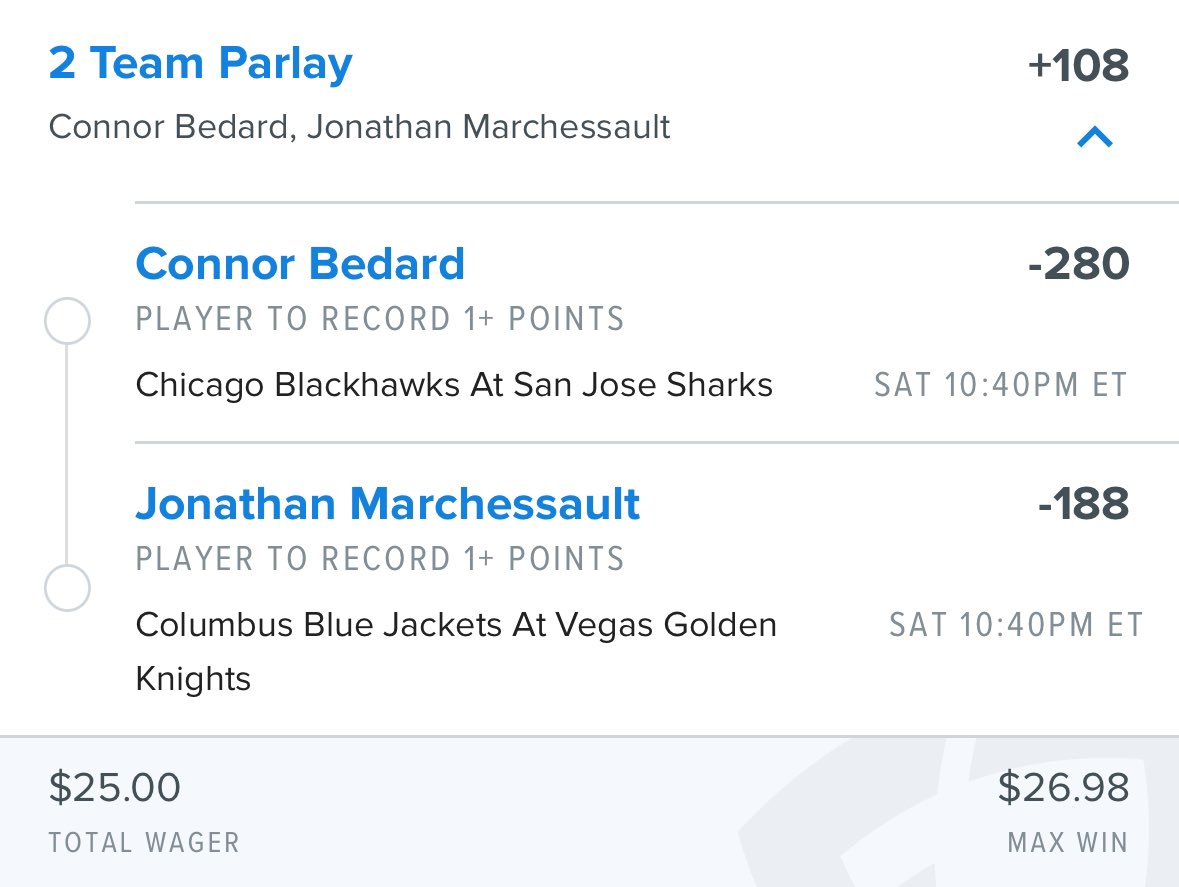 🚀 Parlay Alert! 🚀

Lock in on:

•Connor Bedard: 1+ Point 🏒
•Jonathan Marchessault: 1+ Point 🎯

Join us in backing these point powerhouses for today’s games. Ready to see some magic on the ice? ✨

#SportsBetting #GamblingX #ConnorBedard #JonathanMarchessault