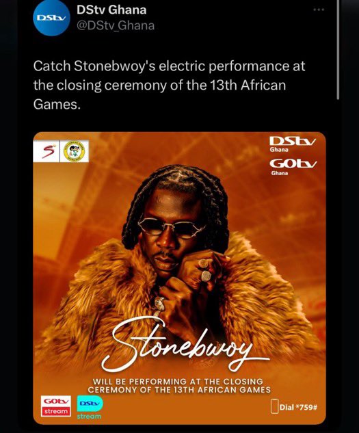 📺Live on @DStv Supersport. @stonebwoy 1GAD🎤. 

Opening ceremony: GTV 

Closing Ceremony: DSTV 
……….. Overlord for a reason 🔥
#Stone360
#AfricaGames2023