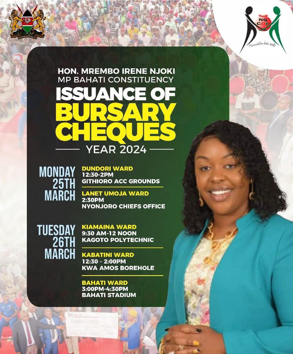 Join me this Monday and Tuesday for the official issuance of bursary cheques  across all wards in Bahati Constituency. 

 #educationforall 
#mrembonakazimashinani