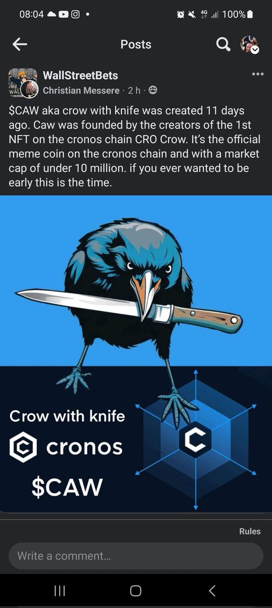 @KingsTownCrypto @almightyrainz @AntiStatism83 @A1cawky @BabyBaccNFT @Pepedealz @nilbog12 @HattoriMad @lancynix @SynapseProtocol Crow with knife just added to the cryptocom defi wallet. Market cap under 10m, and only 11 days old. Website crowwithknife.com address 0xcCcCcCcCdbEC186DC426F8B5628AF94737dF0E60 This could be the biggest cronos meme coin, and imo definitely worth a bag, ive just aped