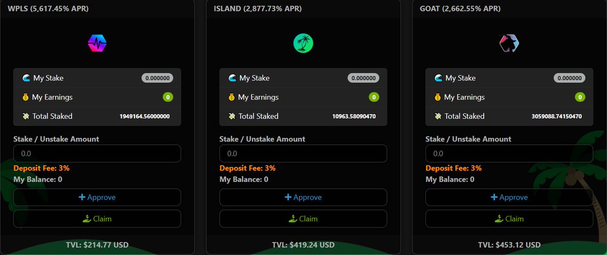 🔥FARMS ARE LIVE!🔥

Stake your $WPLS, <a href="/Degen__Protocol/">Degen Protocol™</a> $GOAT and $ISLAND to earn $FARM! 🚀🚨

Stake your $FARM LPs to earn even more $FARM! Blue-chip #PLSX LPs coming soon! 👀👀

👇
functionisland.com/farm

#PulseChain #Crypto #CryptoCommunity #DeFi #PLS #Staking #YieldFarming