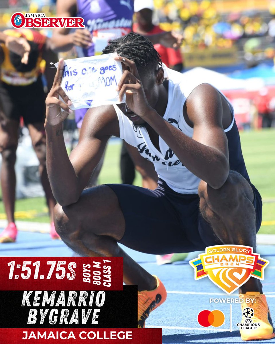 Clean sweep! 💙💙💙

Kemarrio Bygrave holds a sign “This one goes for my MOM!” after Jamaica College’s boys took the color blue to victory in all the 800m finals!