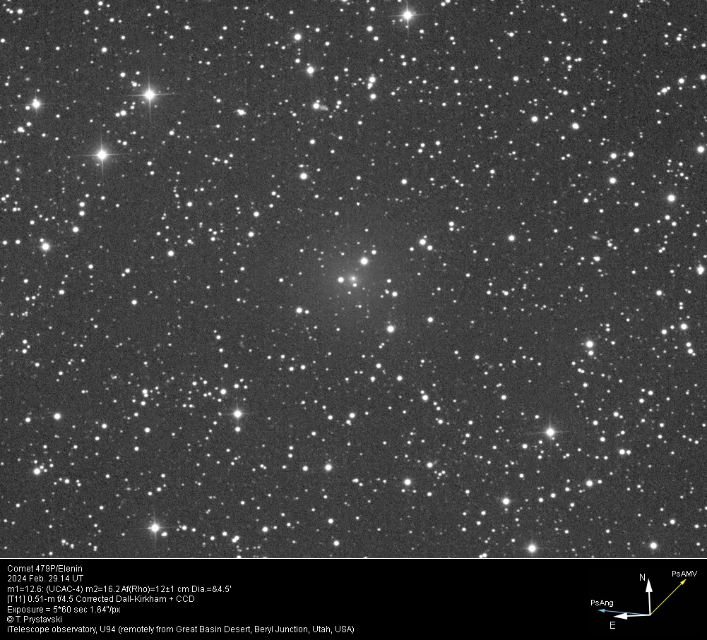 Comet 479P/Elenin 2024 Feb. 29.14 UT m1=12.6: (m2=16.2) Dia.=&4.5'... [T11] 0.51-m f/4.5 Corrected Dall-Kirkham + CCD... T. Prystavski... iTelescope observatory, U94 (remotely from Great Basin Desert, Beryl Junction, Utah, USA)