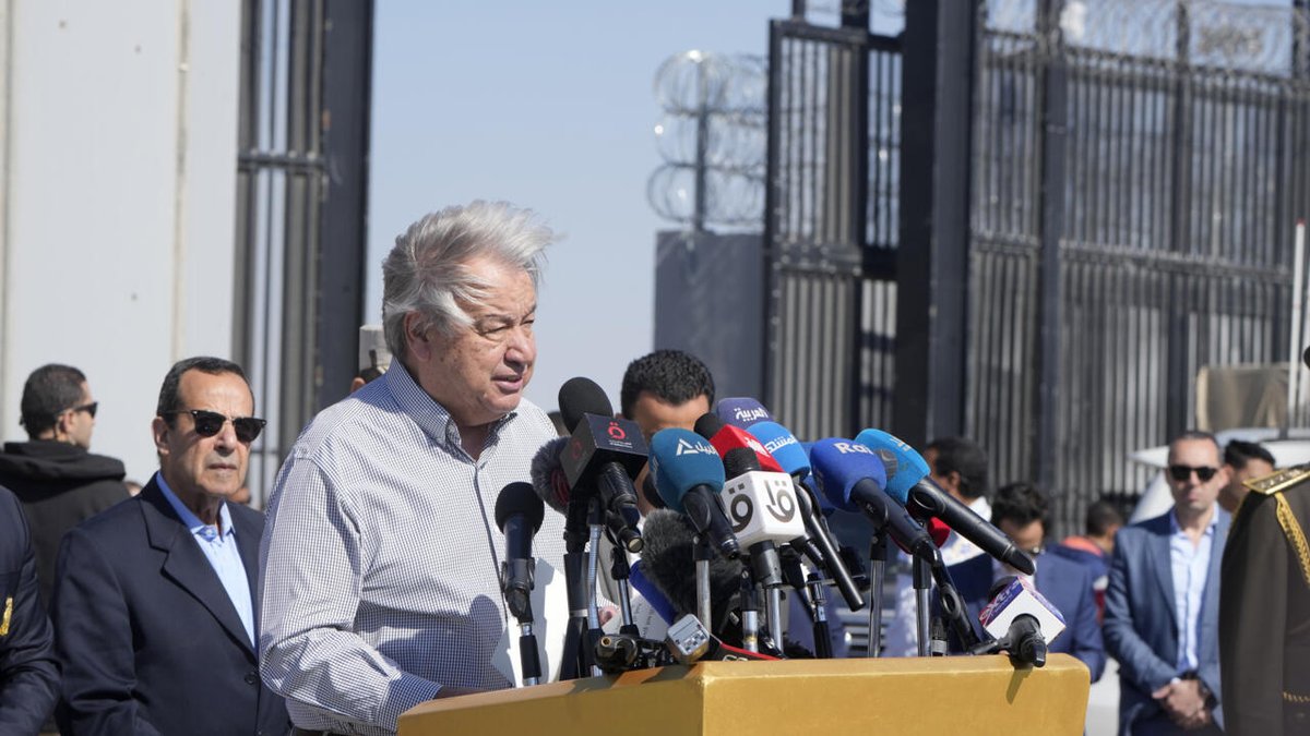 RFI's tweet photo. Antonio Guterres à Rafah: «Faire taire les armes» dans la bande de Gaza https://t.co/mGgGj4zBdq https://t.co/LdEKlvOS40