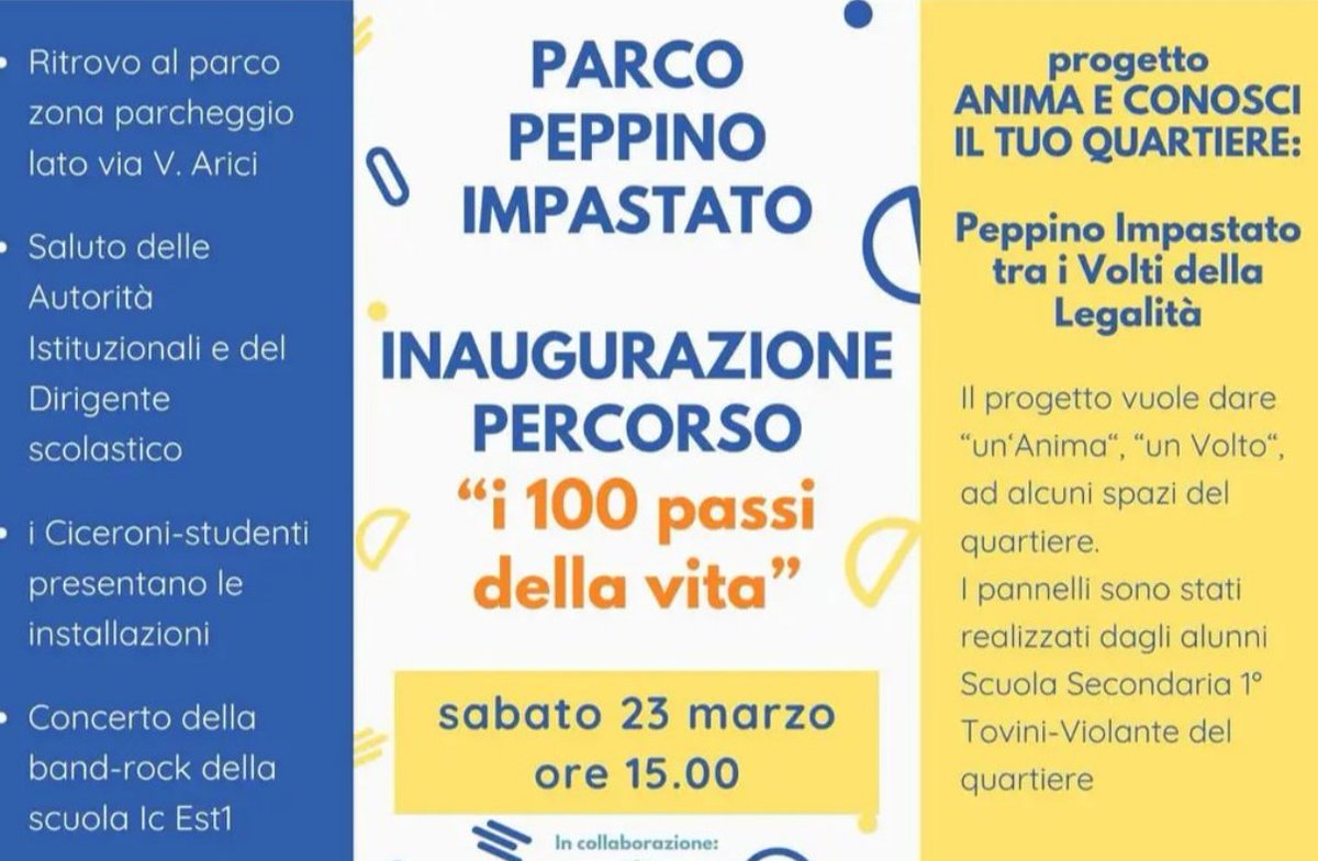Brescia gemellata con Partinico
Abito a brescia ,oggi ero all'inaugurazione del parco 
intitolato a Peppino,,,e indovina ...c'era la stessa scuola che a Partinico ha bocciato il progetto!!!
senza parole😡