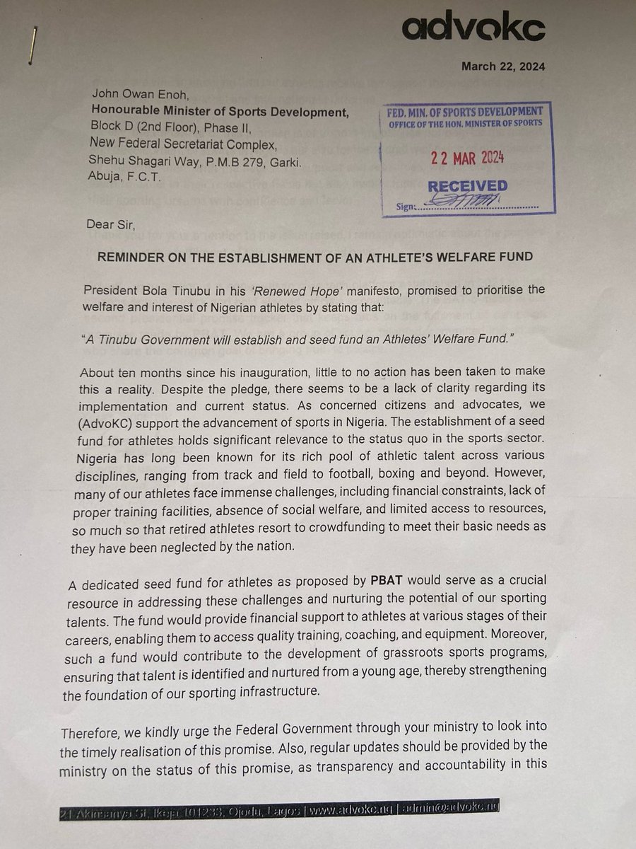 #PromiseReminder Yesterday, we sent a letter to the office of the Honourable Minister of Youth and Sports Development reminding him of @officialABAT's promise to 'establish and seed fund an Athlete's Welfare Fund'. We look forward to further engagement on this issue.