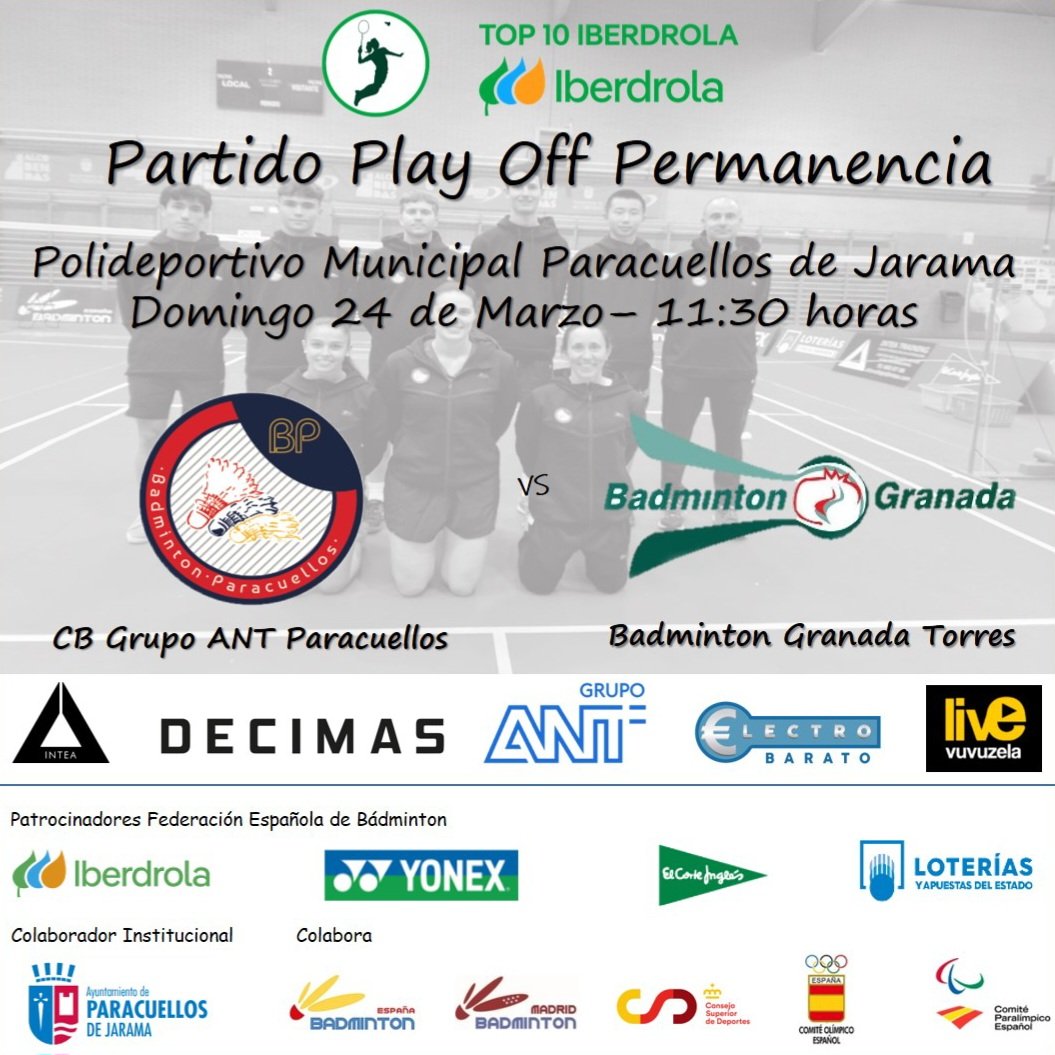 🏸  PARTIDO DECISIVO por la permanencia #TOP10IBERDROLA 
📅 DH TOP 10 <a href="/iberdrola/">Iberdrola</a>
🆚 <a href="/clubbadmintongr/">Club Badminton Granada</a>
⌚ 11:30h
📍 Paracuellos del Jarama
📺 <a href="/BadmintonESP/">🏸 Bádminton España</a>
#CorreLaVoz