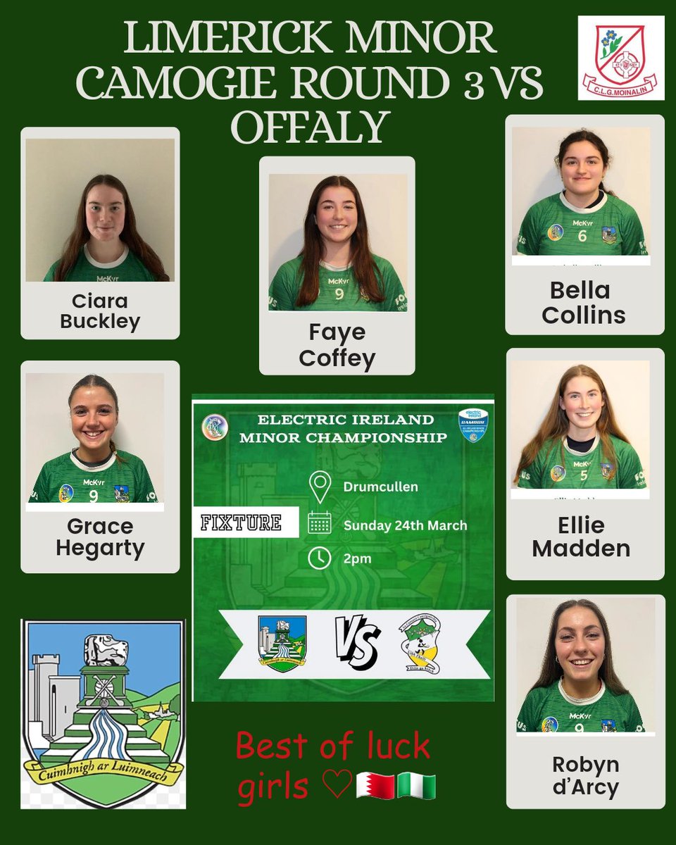 🇳🇬🇳🇬@LimCamogie play Round 3 of the All Ireland Minor A Shield Championship tomorrow away to Offaly. Wishing all the team the very best of luck especially our players involved Faye Bella, Ciara, Ellie, Grace, Robyn Luimneach abú🇳🇬🇳🇬🇳🇬🇳🇬🇳🇬🇳🇬