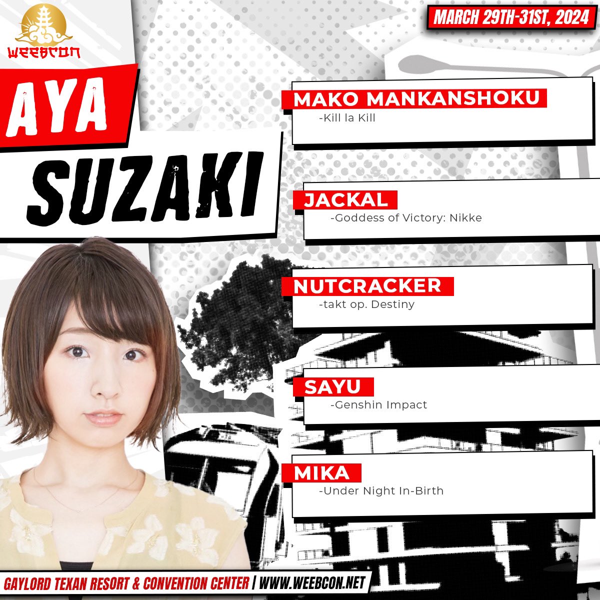 ⛅️JAPANESE CELEBRITY GUEST🌥️ WeebCon is incredible honored to have Aya Suzaki join us for this years show! She will be in attendance all three days of the show participating in panels and doing ticketed Meet & Greet + Auto ⛅️