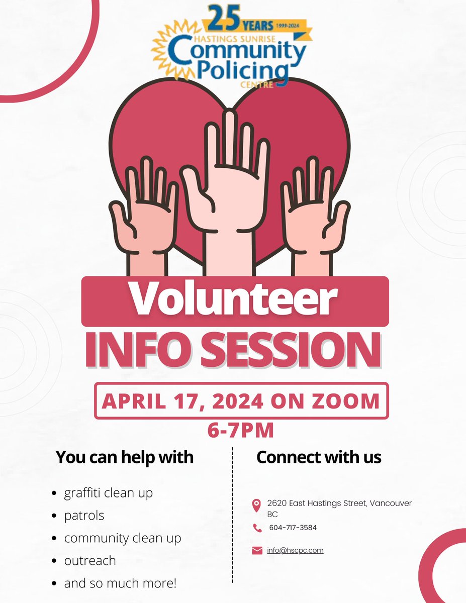 We warmly invite you to join us for our #upcoming #volunteer session where we come together to make a positive impact on our #community. Register at 604-717-3584 or email info@hscpc.com
 #vancouver #bc #hastingssunrise