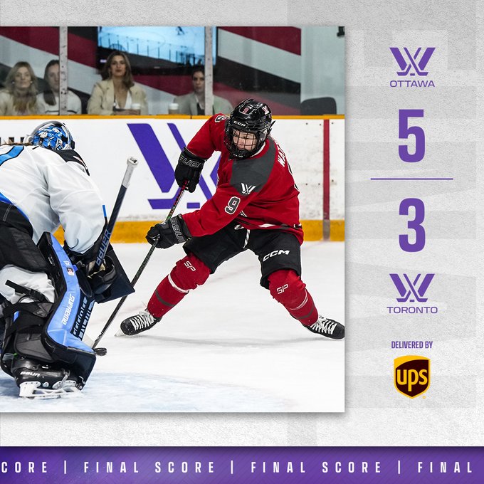 Final score graphic delivered by UPS. A game photo of Daryl Watts in a red PWHL Ottawa jersey is on the left. Score is in purple text on a white background. The score reads PWHL OTT 5 – 3 PWHL TOR. 