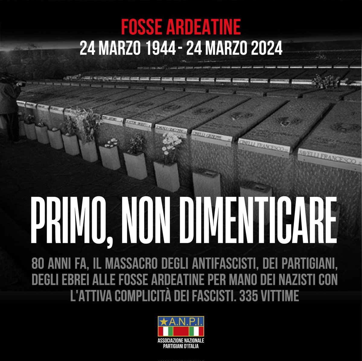 Domani, 80 anni. 335 vittime. Antifascisti, partigiani, ebrei. Per mano nazista, con l'attiva complicità dei fascisti. #FosseArdeatine #laMemorianonmuore