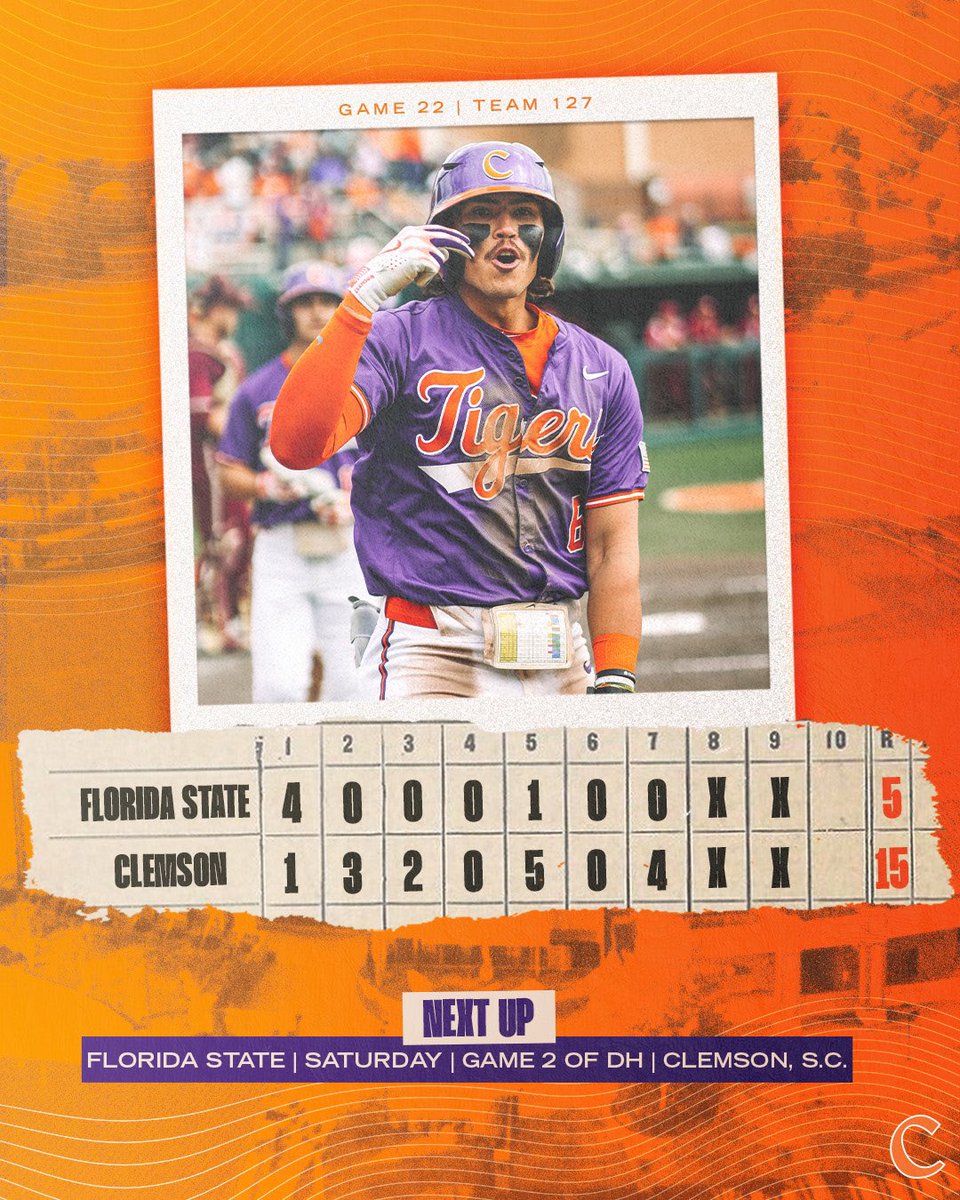 ClemsonBaseball's tweet photo. Game 1 is OURS!✅

#Clemson defeats No. 7 Florida State for win No. 2️⃣0️⃣!🐅 https://t.co/ovExkmeE1X