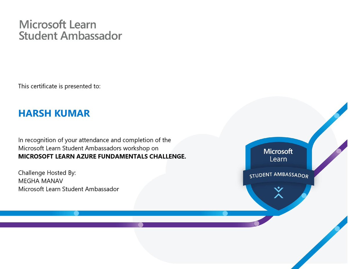 haarsh_vz's tweet photo. Excited to share that I've earned my Microsoft Learn Azure Fundamentals Challenge Certificate!
Thanks to @MicrosoftLearn for the enriching experience. Ready to apply my new skills in cloud computing!
#AzureFundamentals #CloudComputing #Certification https://t.co/l72hXXtqvj