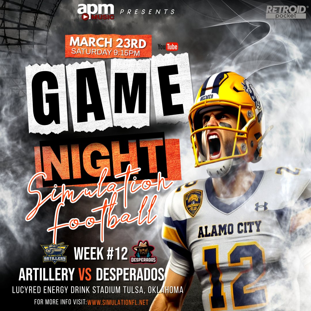 Come join us tonight at 9:15 pm est. as the Alamo City Artillery visits the Tulsa Desperados as both teams continue their battle to make the playoffs. simulationfl.net catch the game on YOUTUBE.