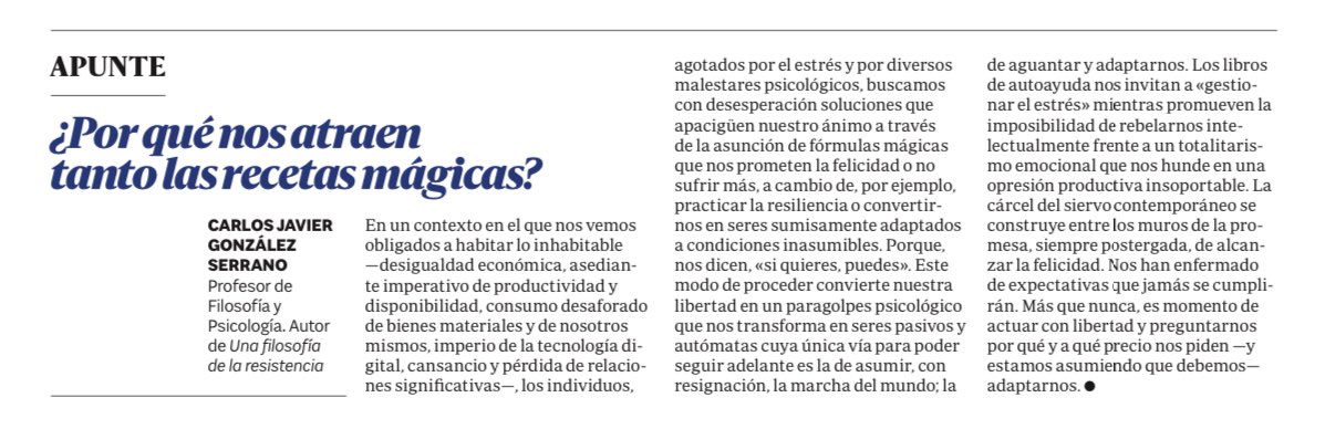 El pensamiento mágico de la autoayuda (“todo depende de ti”) promueve el aislamiento y la culpa. La esclavitud emocional del “si quieres, puedes” y del “crecimiento personal” impide trenzar lazos comunitarios que permitan cuestionar las estructuras que alimentan nuestro malestar.