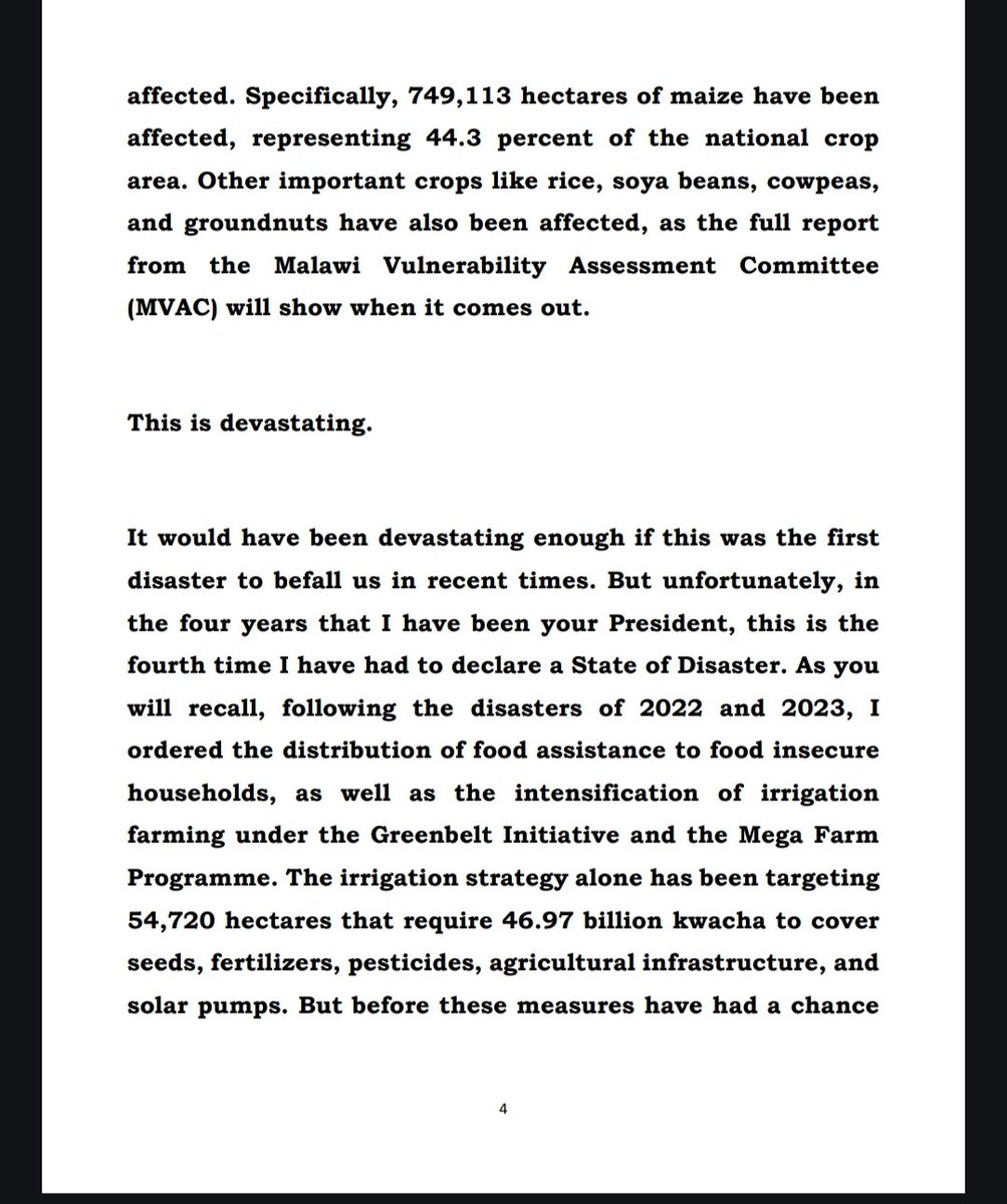 Malawi 🇲🇼 President delacres state of disater 23 districts except Chitipa, Rumphi, Mzimba, Nkhatabay & Likoma affected by El-Nino induced dry spell. 2 million farming HH, 750,000 ha. of maize affected. 600,000 metric tonnes worth MK 357.6 billion needed to support those affected.