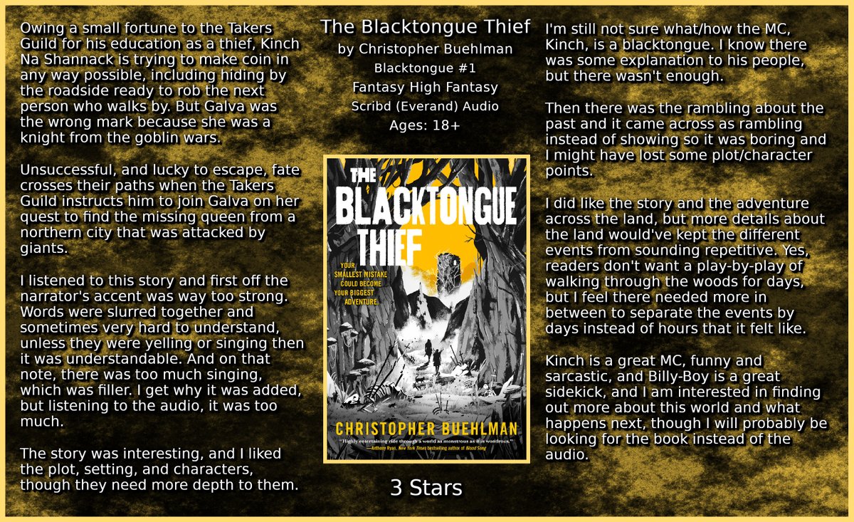 The Blacktongue Thief by Christopher Buehlman Blacktongue #1 #Fantasy #HighFantasy @Scribd (Everand) Audio Ages: 18+ 3 Stars #BookTwitter #bookblogger #bookworm #BookBlogging #bookreviews #ilovebooks #booklovers #bookaddict #bookaholic #Scribd #Everand