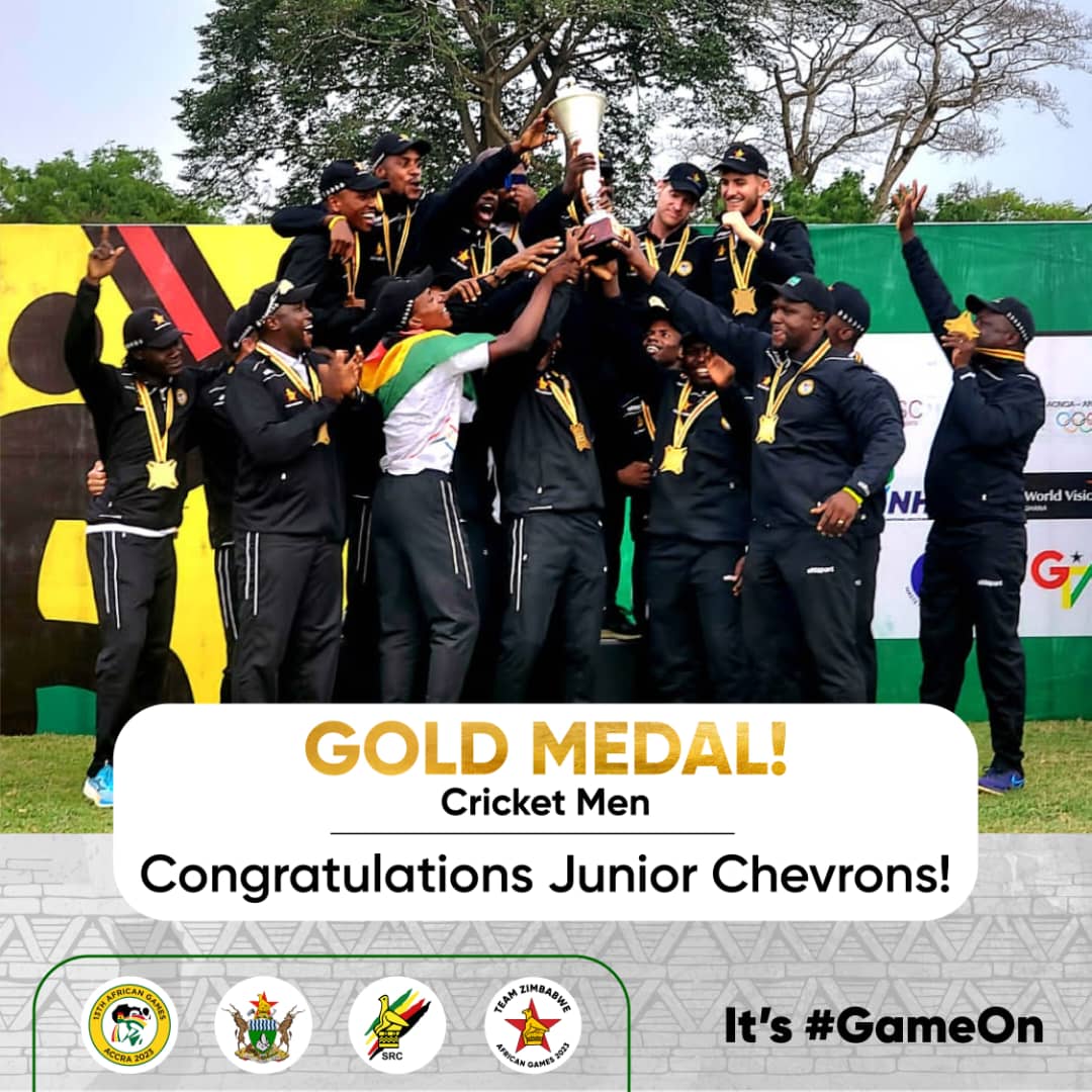 Double the Chevrons, double the gold! What a historic moment for Zimbabwean cricket! Huge congratulations to the men's team for mirroring the Lady Chevrons' victory! #GoldRush #TeamZimbabweCricket #AfricanGames