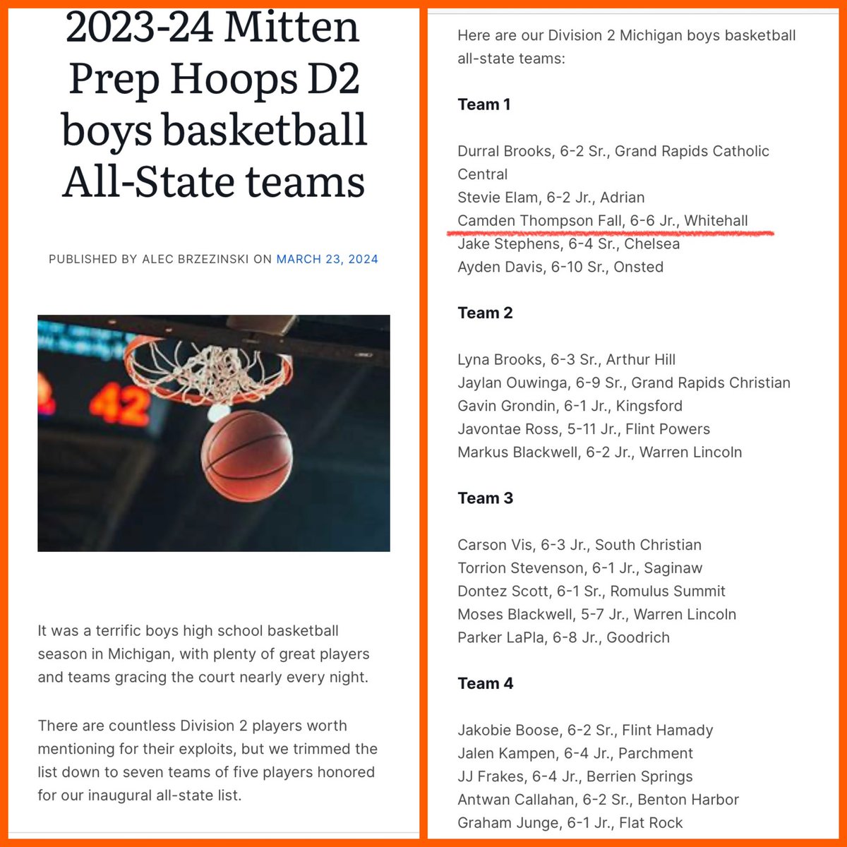 Thanks @BrzezinskiAlec & Mitten Prep Hoops for 1st team All-State selection.