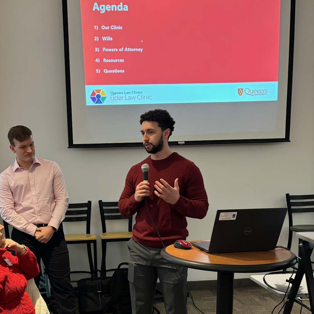 queensulaw's tweet image. #QueensULaw #ElderLaw Clinic students Alex Beauchamp &amp;amp; Ruadhan Edwards spoke earlier this term with over 80 @VON_Canada staff &amp;amp; clients about clinic services, the importance of having a will &amp;amp; #powersofattorney &amp;amp; more. @ColleenFlood2