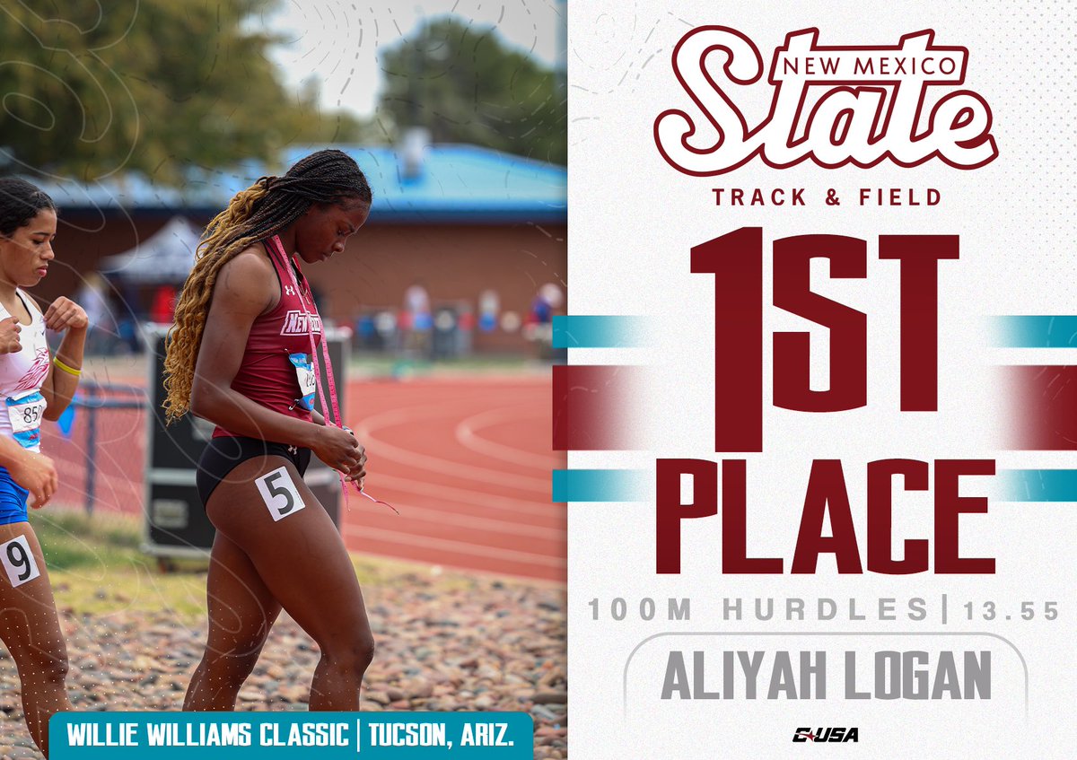 NMStateXCTF's tweet image. Who else?🤷‍♀️

Aliyah Logan takes 🥇 in the 100m hurdles with a time of 13.55!

#AggieUp