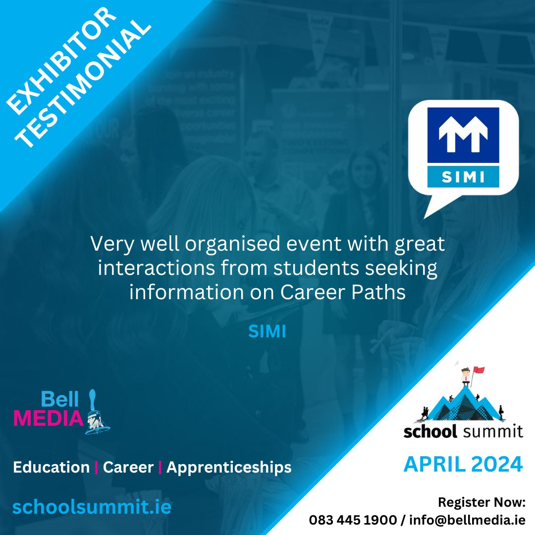 🚗 @SIMI_IE  Register now to attend: schoolsummit.ie/contacts/ 10:30am - 2pm on the following dates: 10th & 11th April @ SETU Arena, Munster 16th & 17th April @ Leisureland, Galway 23rd & 24th April @ Sport Ireland Campus, Dublin #schoolsummit #employmentfair #careersfair #simi