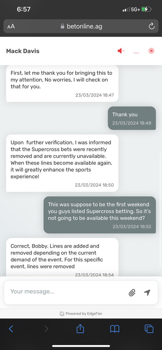 WBC3_5656's tweet photo. @PulpmxShow @pulpmx What’s going on with BetOnline Supercross? It’s not listed and BetOnline said this in the support chat. Damn they have to give us some time before removing it! https://t.co/eF7SAJqiiy