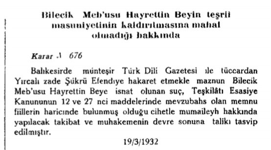 Türk Hukuk Tarihimizde Bugün:

Tüccar Yırcalı Şükrü efendiye hakaretten zanlı Bilecik Meb'usu Hayrettin bey hakkında Teşkilatı Esasiye(Anayasa) m 12 ve m 27 gereği yargılamanın meb'us devresinin bitimine talikine dair TBMM  kararı R.G'de  yayınlandı

De Lege

#moscow #russia