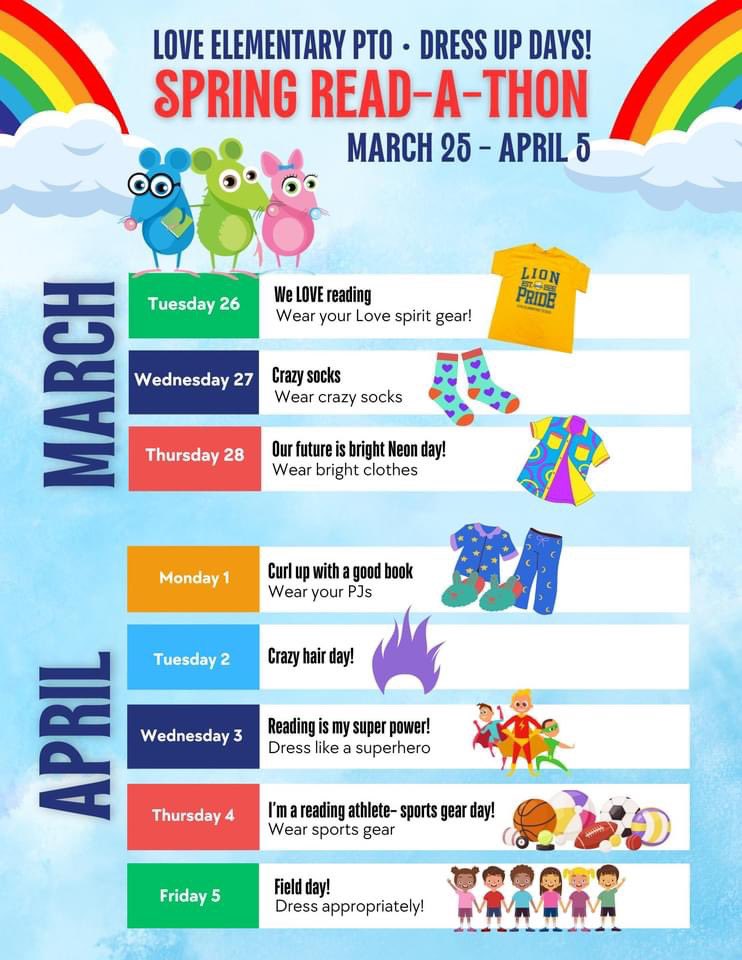 Get ready for Spring Read-A-Thon Dressup days!! We will have themed days throughout the 2 weeks of the Read-A-Thon. Take a look 👀 we look forward to seeing all the students joining in on the fun! @loveelementary1 @LoveelementaryP @HISDCentral @ScottPlatt1