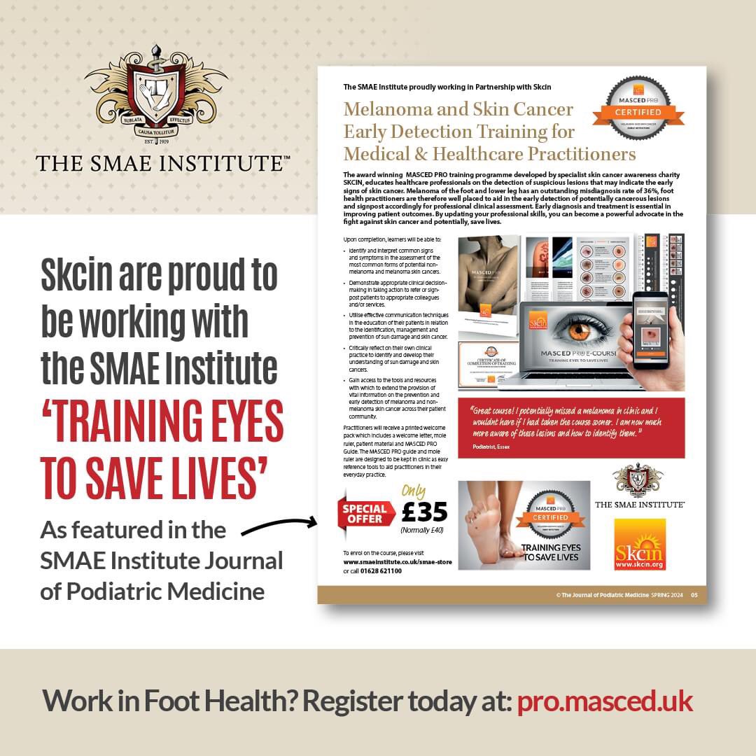 Did you know that around half of melanoma cases arise on the lower limb yet melanoma of the foot & lower leg has an outstanding misdiagnosis rate of 36%!Skcin’s proud to be working with SMAE Institute to train members how to identify signs & symptoms of potential skin cancer!