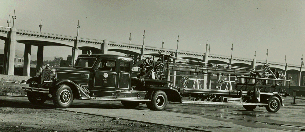 LAFDtalk's tweet photo. 86 Years Ago Today - March 23, 1938: Photographs capture @LAFD conducting pre-acceptance testing of a 1938 American La-France Tractor-Drawn 65 foot Water Tower with Sedan Cab. It entered service on April 4, 1938 as Truck 24, serving the #DTLA area.

Click images to enlarge...