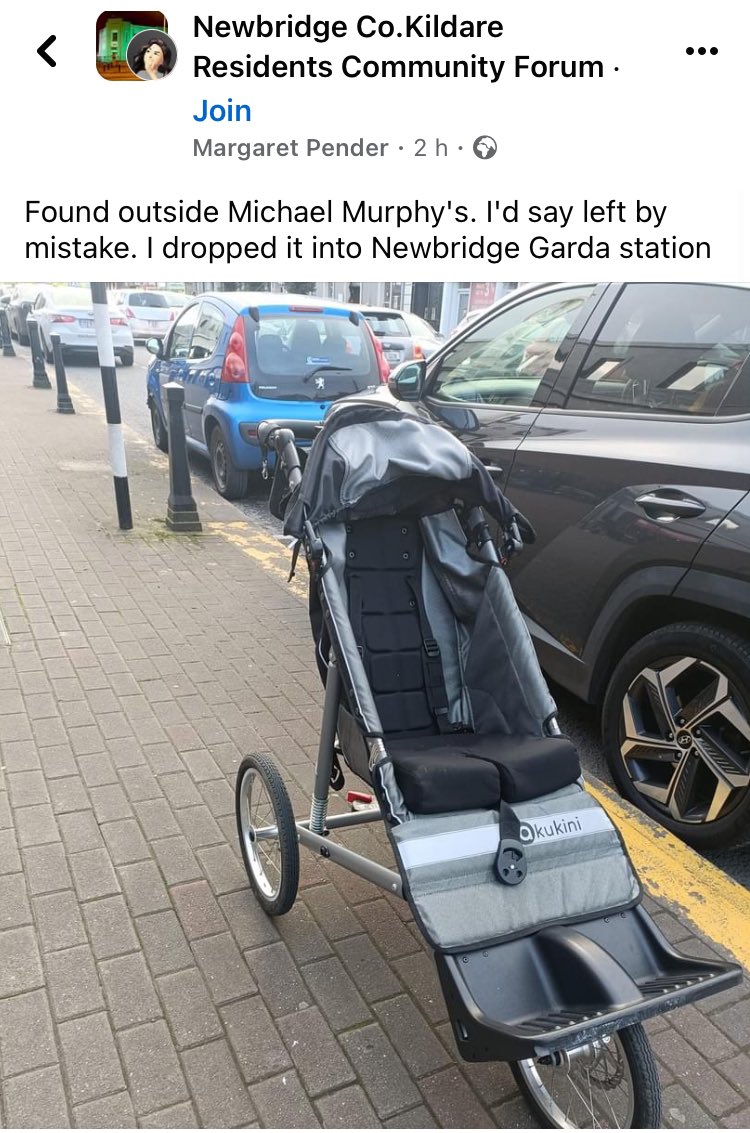 This SN 3 wheeler was left in Newbridge outside Michael Murphy’s furniture shop by mistake. It’s now in the garda station, An SN buggy like this would have cost a fortune & the child/adult who is missing it won’t be able to do without. So pls share! @kfmradio @KildareNow