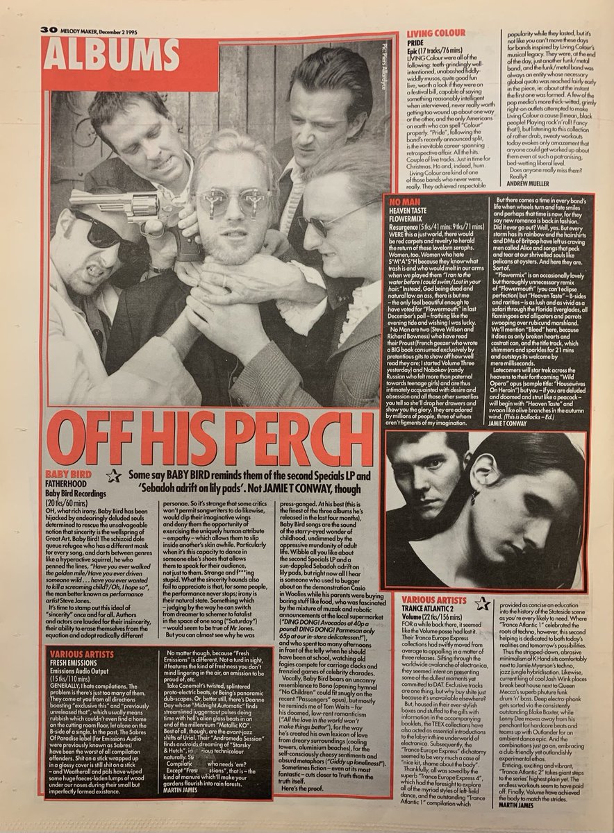 Albums! Baby Bird! Living Colour! No Man! Trance Atlantic 2 and Fresh Emissions compilations! Melody Maker, 2 December 1995. #MelodyMaker #MyLifeInTheUKMusicPress #1995