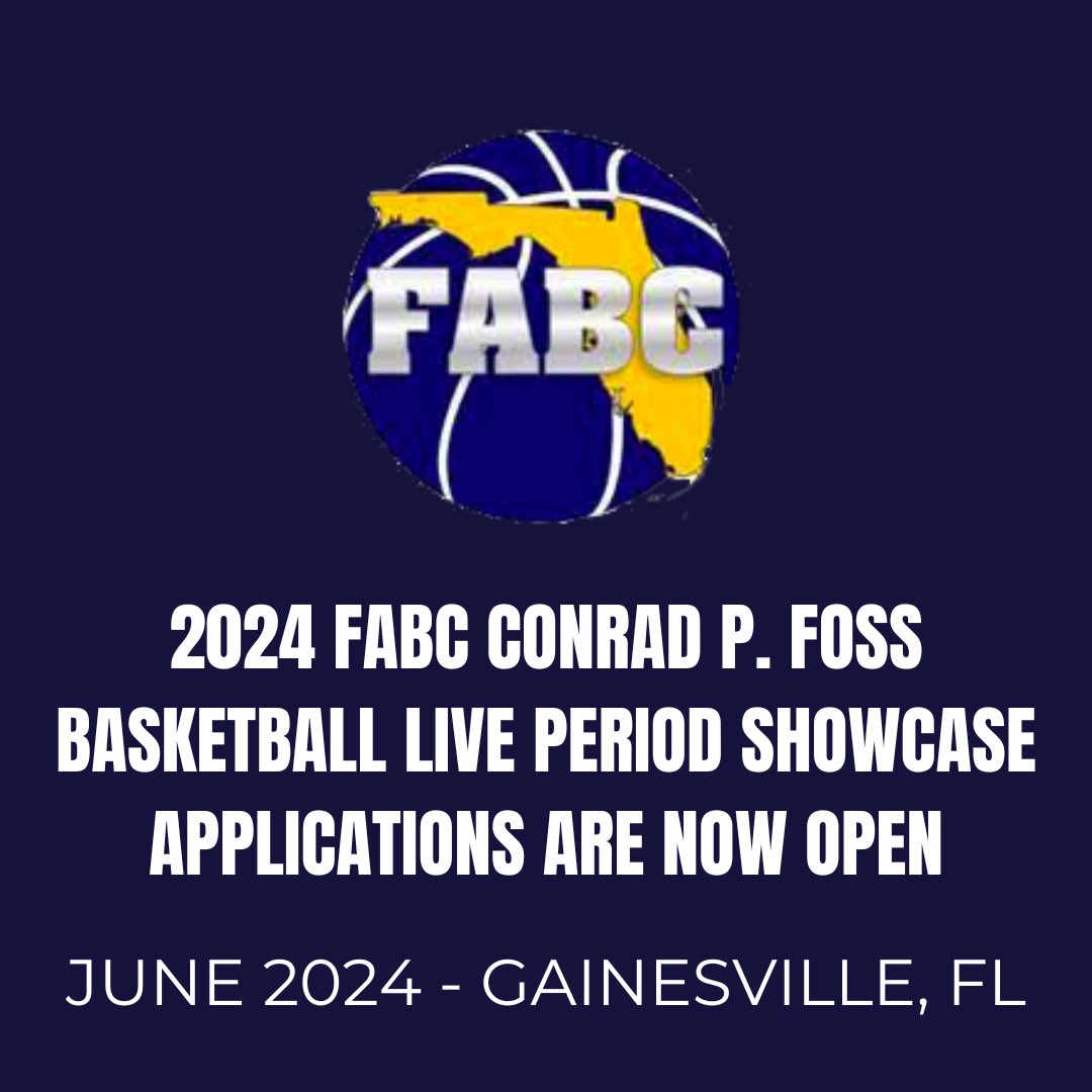 🚨High School Coaches! Applications are now open for the 2024 FABC Conrad P. Foss Basketball Live Period Showcase. This June in Gainesville - Boys & Girls weekends. Don’t delay - Apply today! forms.gle/u4BhKyHSydxkMY…