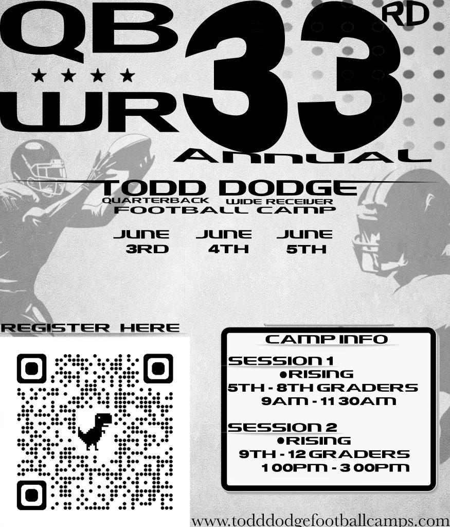 The 33rd Annual Todd Dodge Passing Camp will be kicking off this summer on June 3rd - 5th at Lovejoy HS in Lucas, TX. Session 1: Rising 5th-8th graders,9am - 11:30am Session 2: Rising 9th-12th graders from 1pm - 3:30pm Click below to register online! #Work