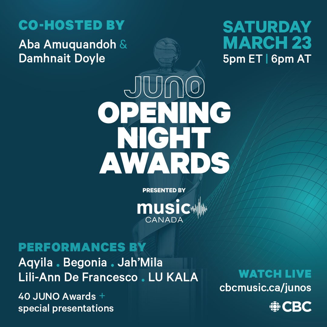Music Canada is proud to present the 2024 #JUNOs Opening Night Awards, co-hosted by @abaquan & @davnetdoyle, featuring performances by @AqyilaD, @hellobegonia, @JahMilaMusic1, #LiliAnnDeFrancesco and @igobyLu. Congratulations to all tonight’s nominees and their teams.