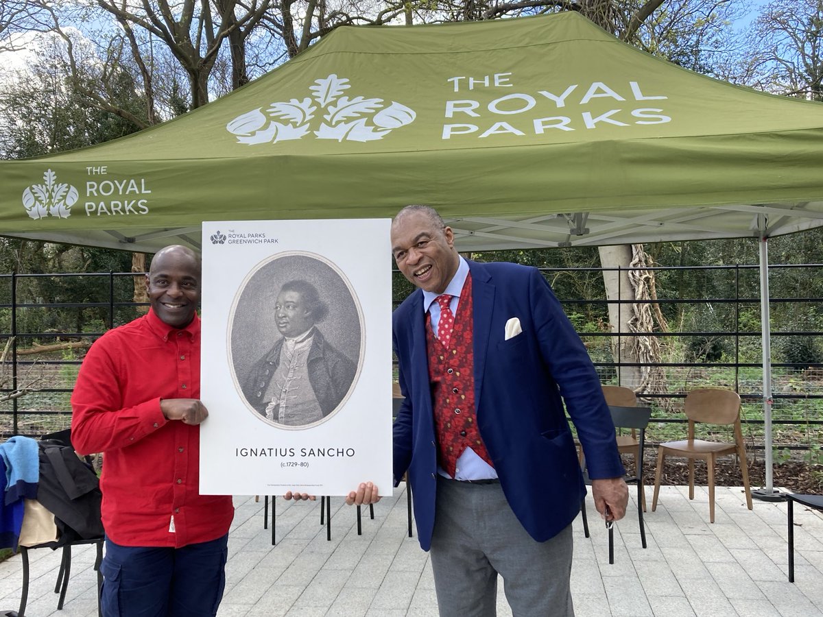 Trustee of @theroyalparks Wesley Kerr OBE and Paterson Joseph ⁦@ignatius_sancho⁩ unveiling the new #ignatiusSancho cafe in #GreenwichPark this morning ⁦@TRPGuild7⁩ ⁦@FriendsGPk⁩ ⁦@VisitGreenwich⁩ ⁦@GreenwichDiary⁩