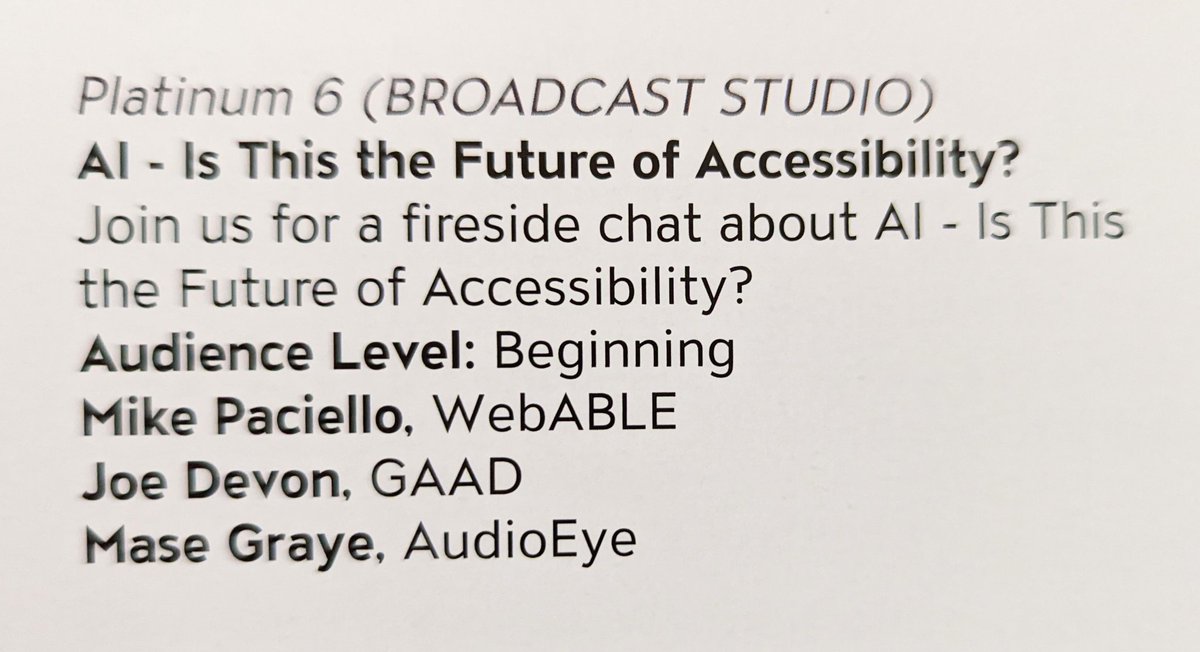 aardrian's tweet photo. This #CSUNATC session was in book for 2:20pm Friday.

Slot empty online:
https://t.co/QBIuHaUKoY

Not under #overlay names:
https://t.co/nqvomlsON0

Nor daily addendum:
https://t.co/qaqgdft7tq

Anyone know what happened to this session with a #GAAD founder &amp; two #AudioEye reps? https://t.co/k2O5GX67BY