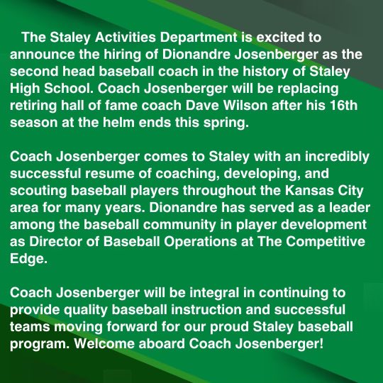 Welcome aboard Coach Josenberger! <a href="/StaleyBaseball/">Staley Baseball</a> <a href="/NKCSchools/">NKC Schools</a> <a href="/N2SportsStaley/">N2Sports Staley</a> @StaleyNews <a href="/metrosports_mk/">Metro Sports MoKan</a> <a href="/KCStar/">The Kansas City Star</a>