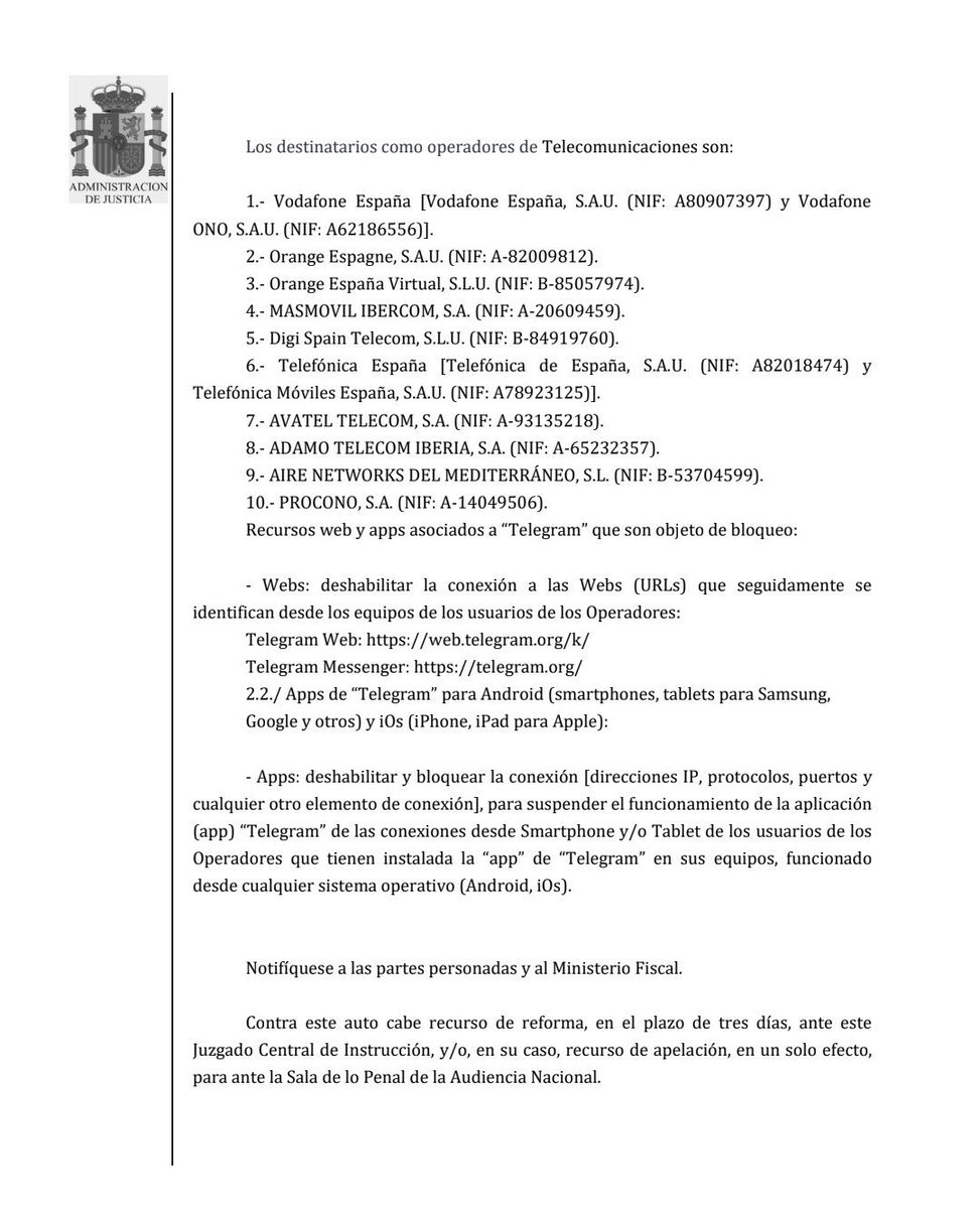 Orden a todas las teleoperadoras para deshabilitar la conexión a Telegram en cualquier dispositivo en España.