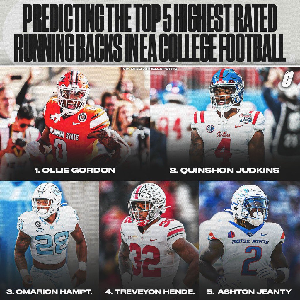 The projected top 5 highest rated RB’s in the new EA College Football game via @mfarrellsports. Thoughts? @CFBAlerts_ @ncaafisback
